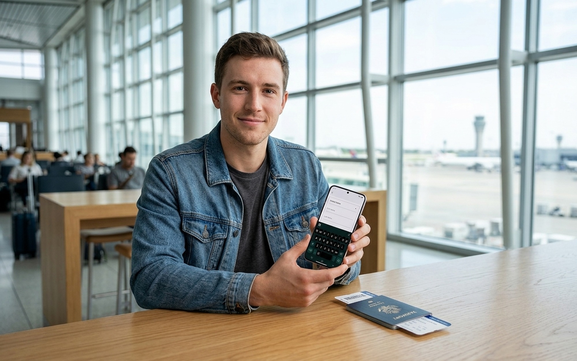 Young man at airport lounge using Android smartphone with Google smart autofill automatically completing passport form fields on screen