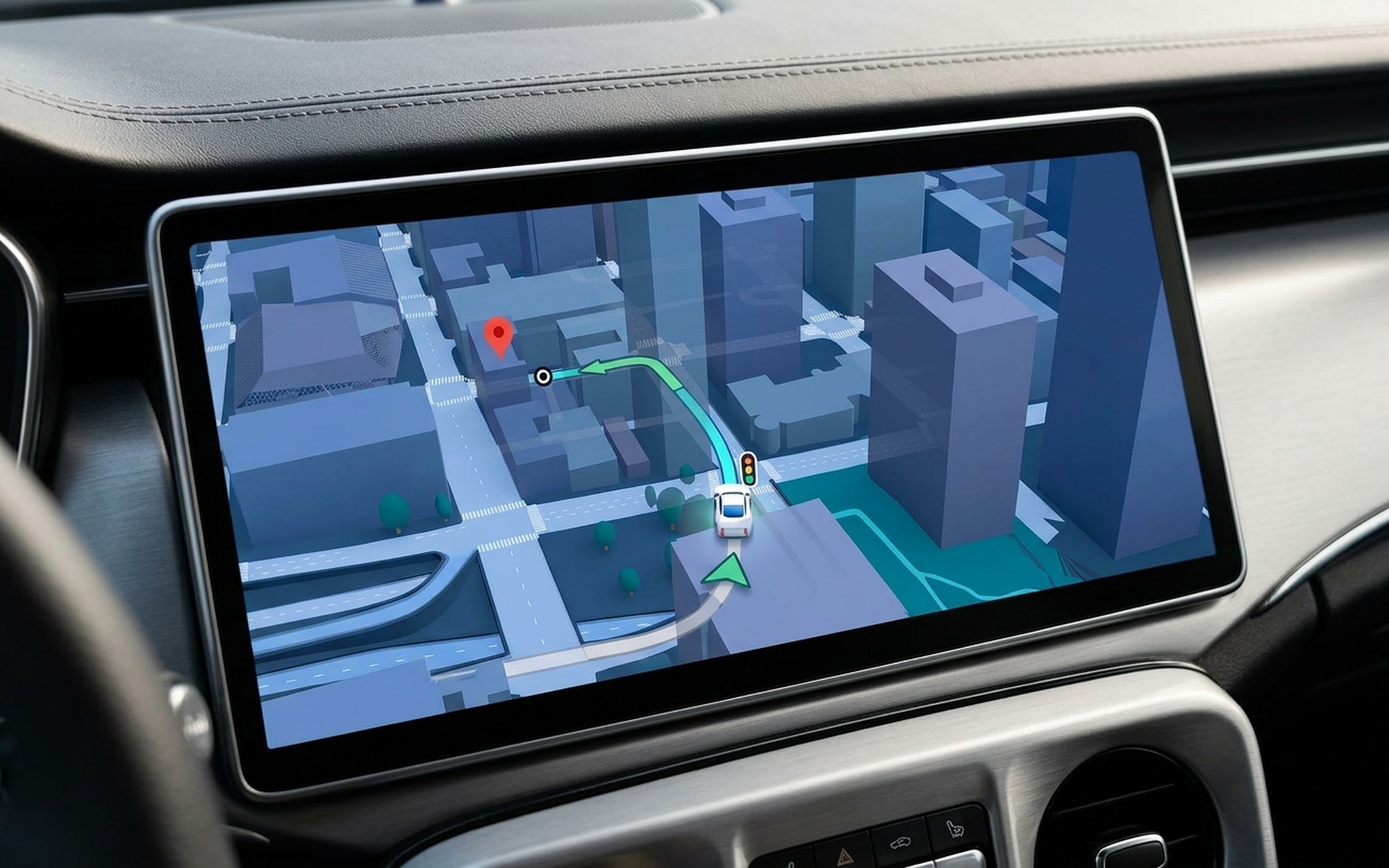 Modern car center console widescreen displaying Google Maps immersive 3D city navigation with teal-blue buildings and live lane guidance route