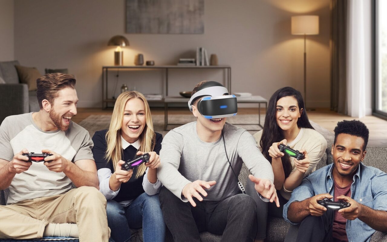 Person wearing PlayStation VR headset and Move controllers in a comfortable home living room gaming setup