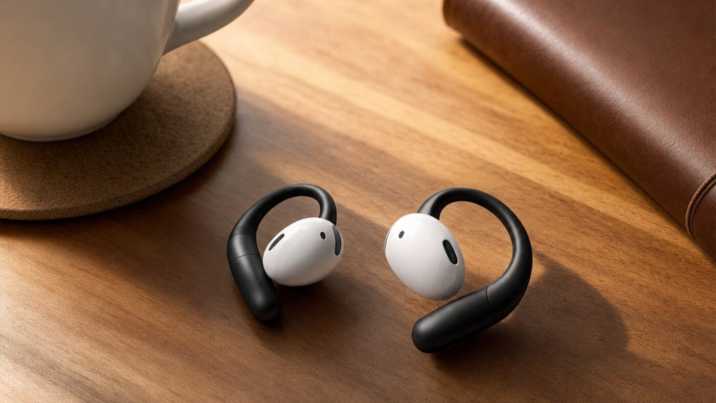 Two Guangfan Lightwear AI camera earbuds with visible camera modules held up against a clean studio background