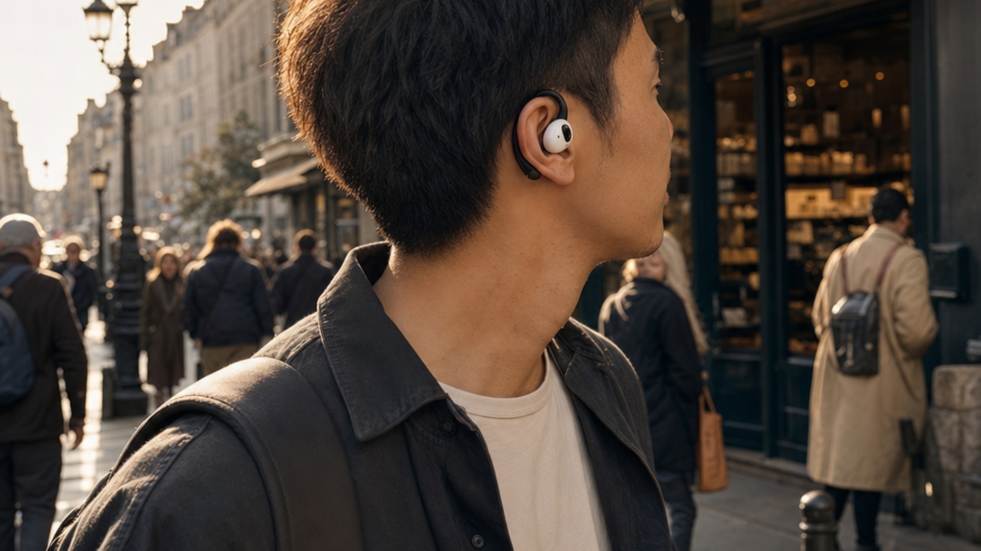 Person wearing Guangfan AI camera earbuds on a busy city street reading a foreign-language storefront sign in sunlight