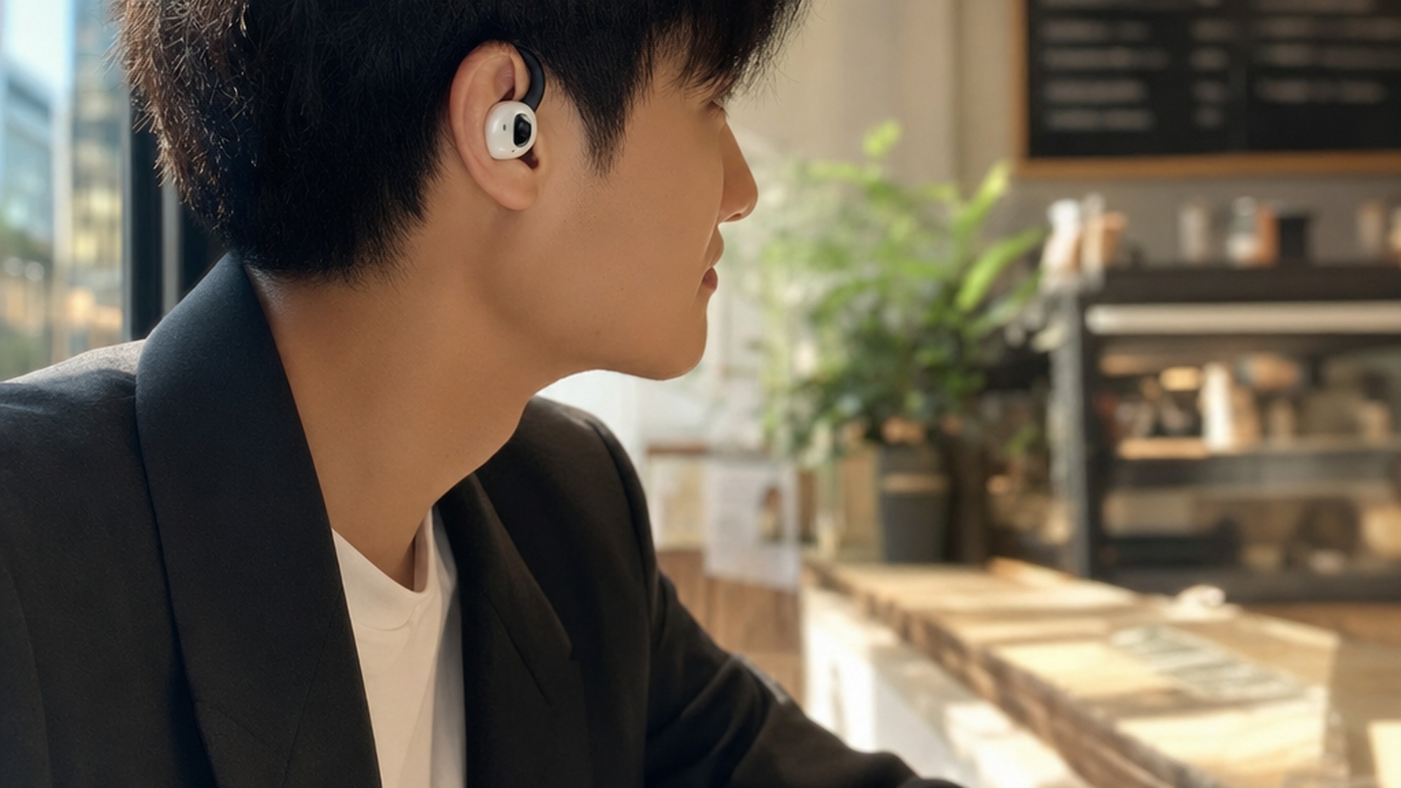 Person wearing Guangfan AI camera earbuds in a sunlit coffee shop looking at a menu board across the counter