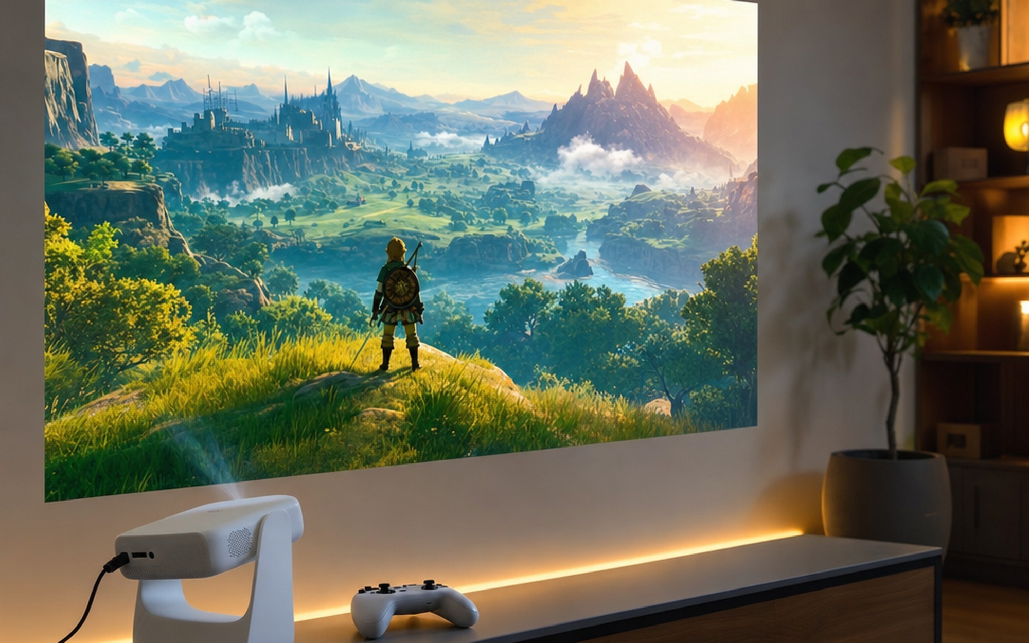 Hakoo H3 Pro mini projector on a TV console projecting a vibrant open-world game onto a large wall with a wireless controller beside it