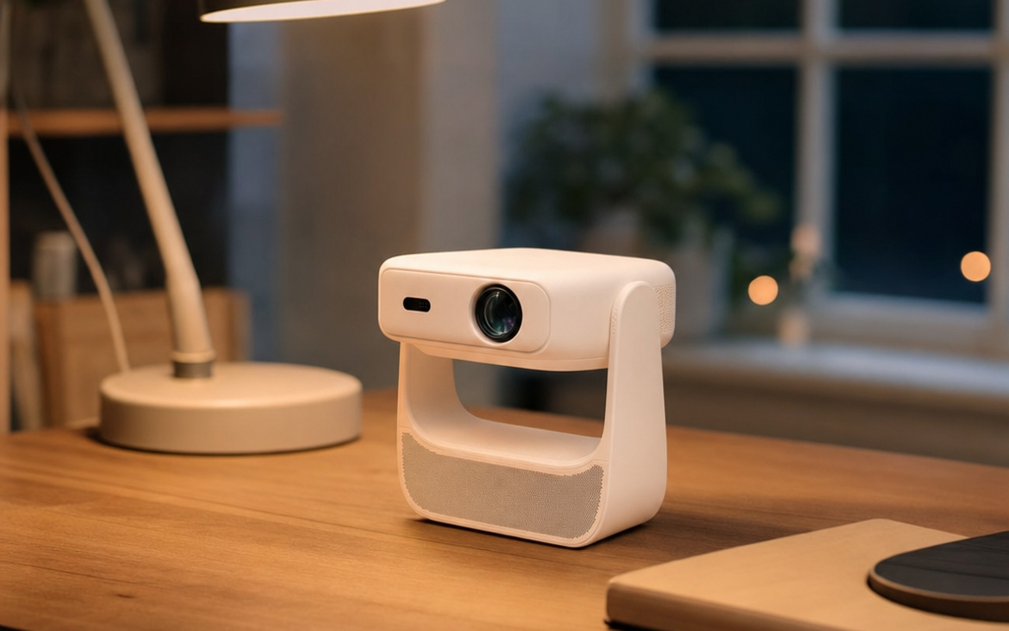 Hakoo H3 Pro portable 1080p LCD projector on a desk beside a lamp showing its compact square design and Harman speaker grille