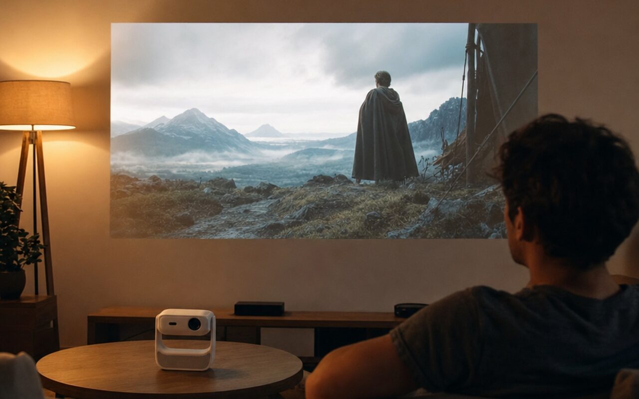 Hakoo H3 Pro mini projector casting sharp 1080p image onto white wall in a cozy dark living room setup