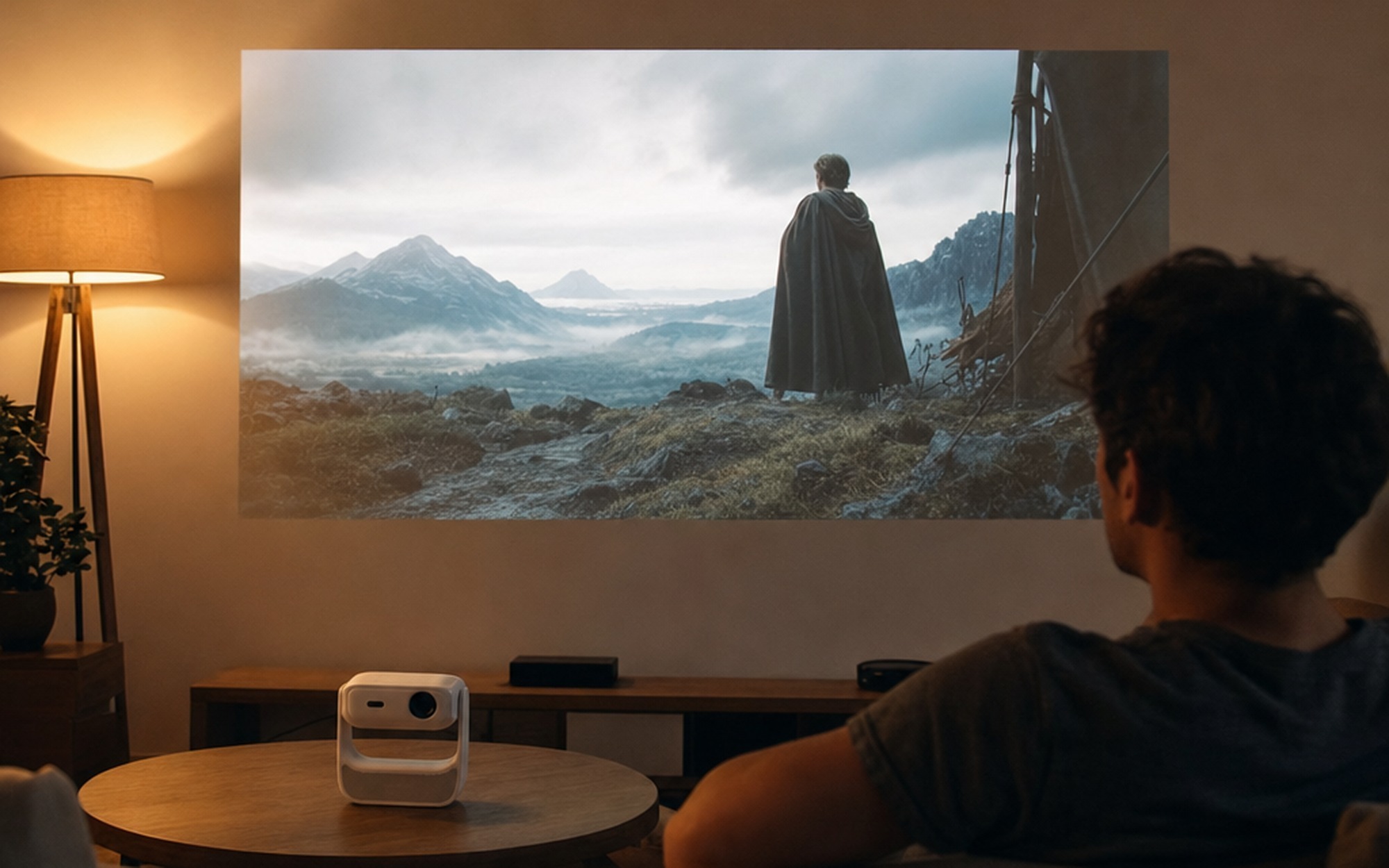 Hakoo H3 Pro mini projector casting sharp 1080p image onto white wall in a cozy dark living room setup