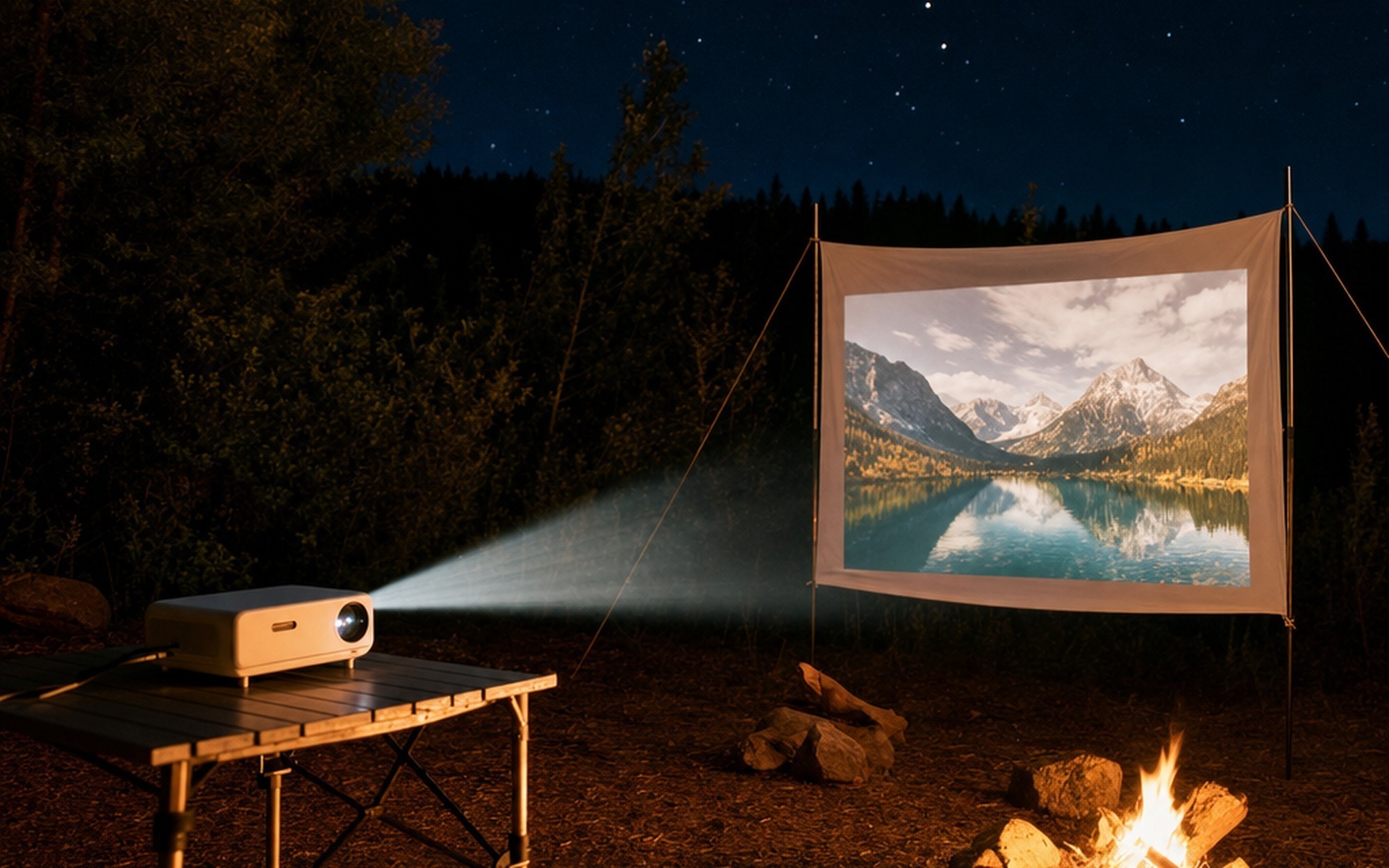 Hakoo H3 Pro auto focus portable projector set up outdoors at a campsite projecting a movie onto a portable screen under a clear night sky