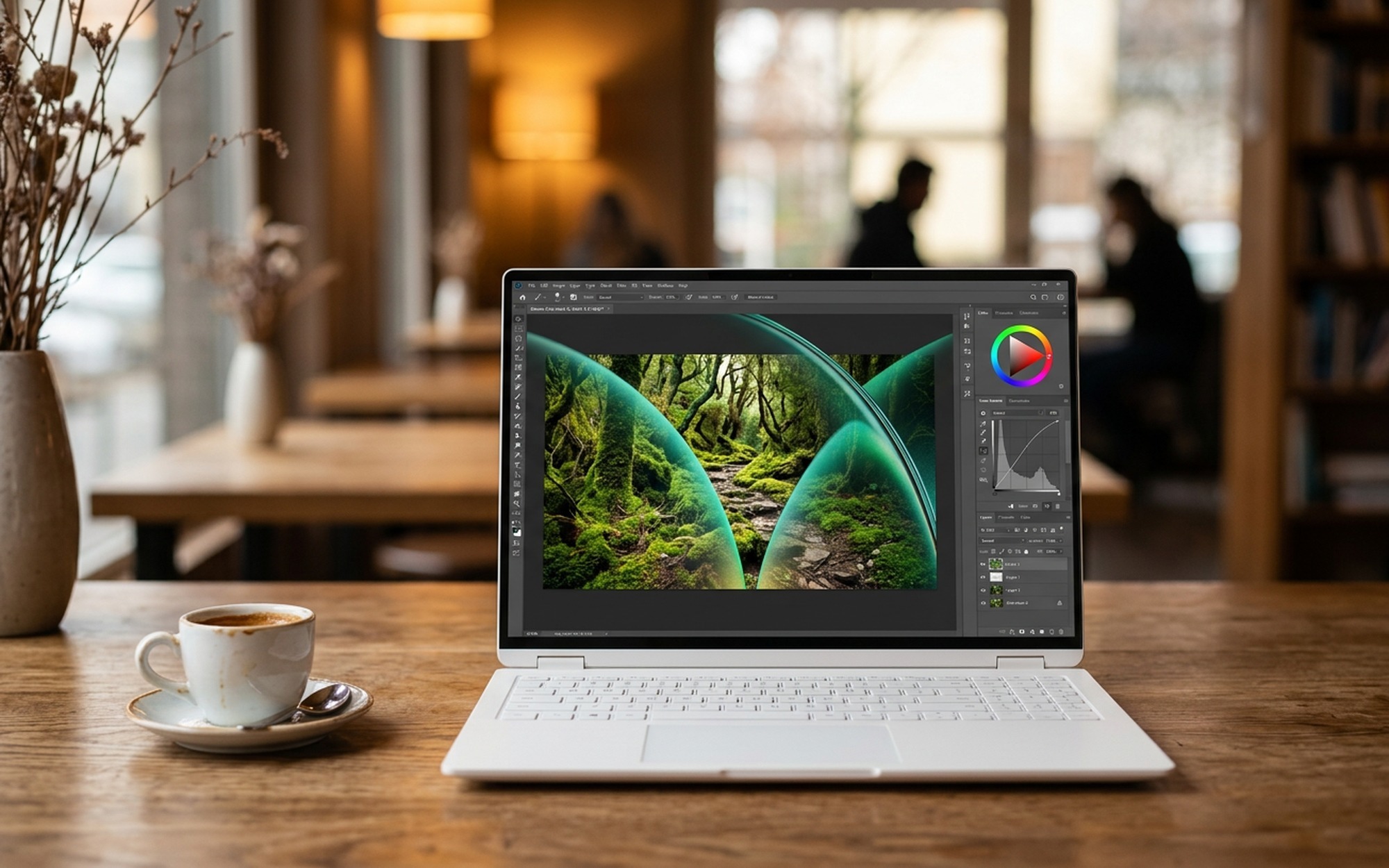 Honor MagicBook Pro 16 2026 showing its 3K 165Hz display during a photo editing session in a bright café