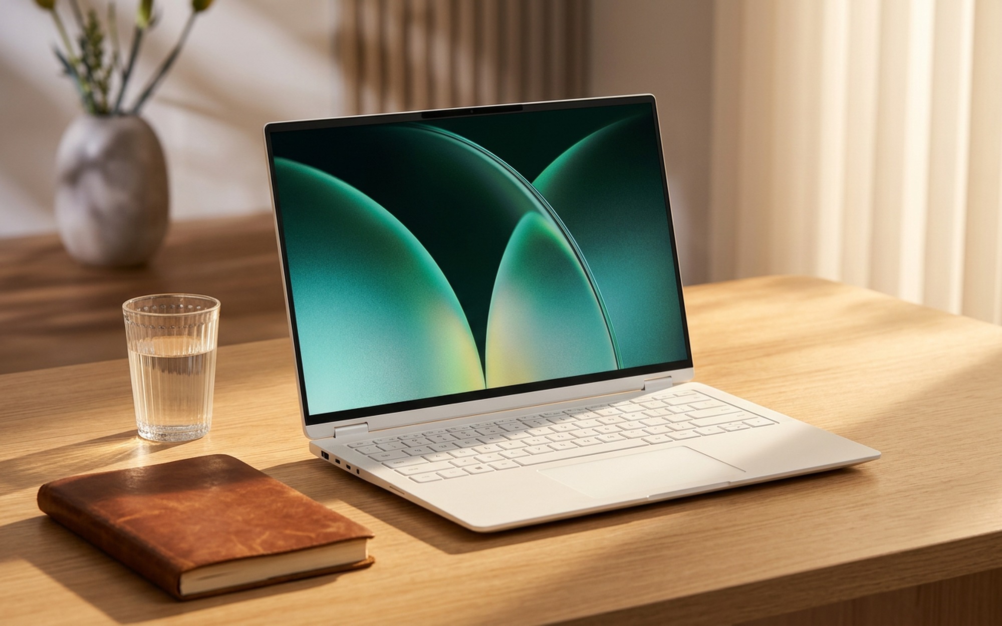 Honor MagicBook Pro 16 2026 on a wooden desk beside a coffee cup and notebook in warm ambient lighting