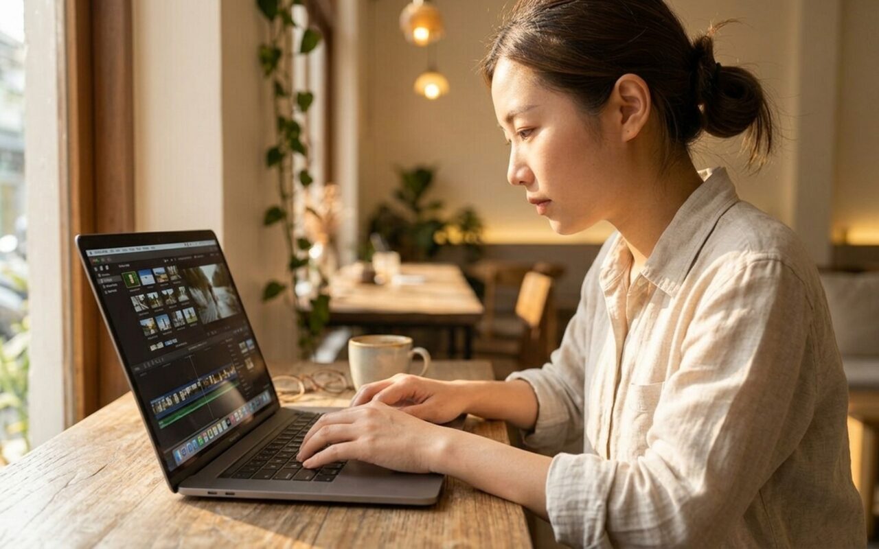 Young woman at a café table using a laptop to compress and share video files online
