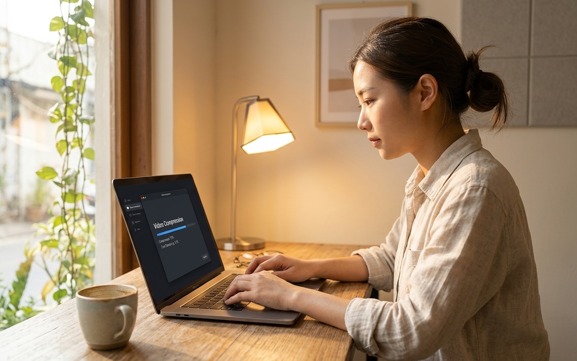 Person at a home office desk adjusting video compression settings in HandBrake on a laptop