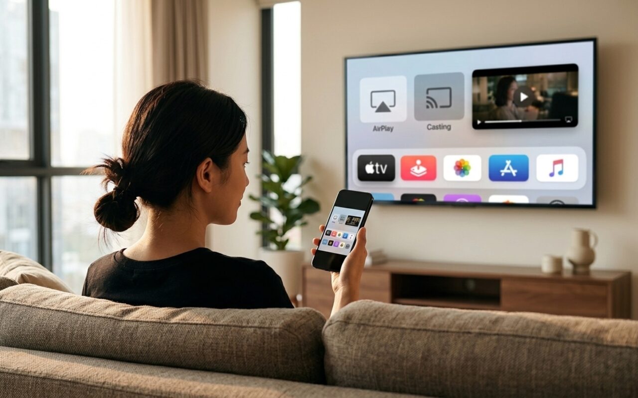 Young woman using iPhone screen mirroring to display content on a large smart TV in a modern living room