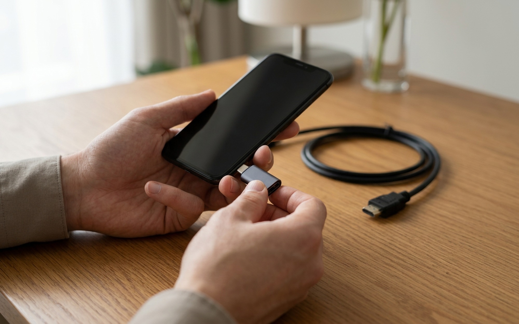 Close-up of a Lightning to HDMI adapter connecting an iPhone to a TV cable port on a wooden desk