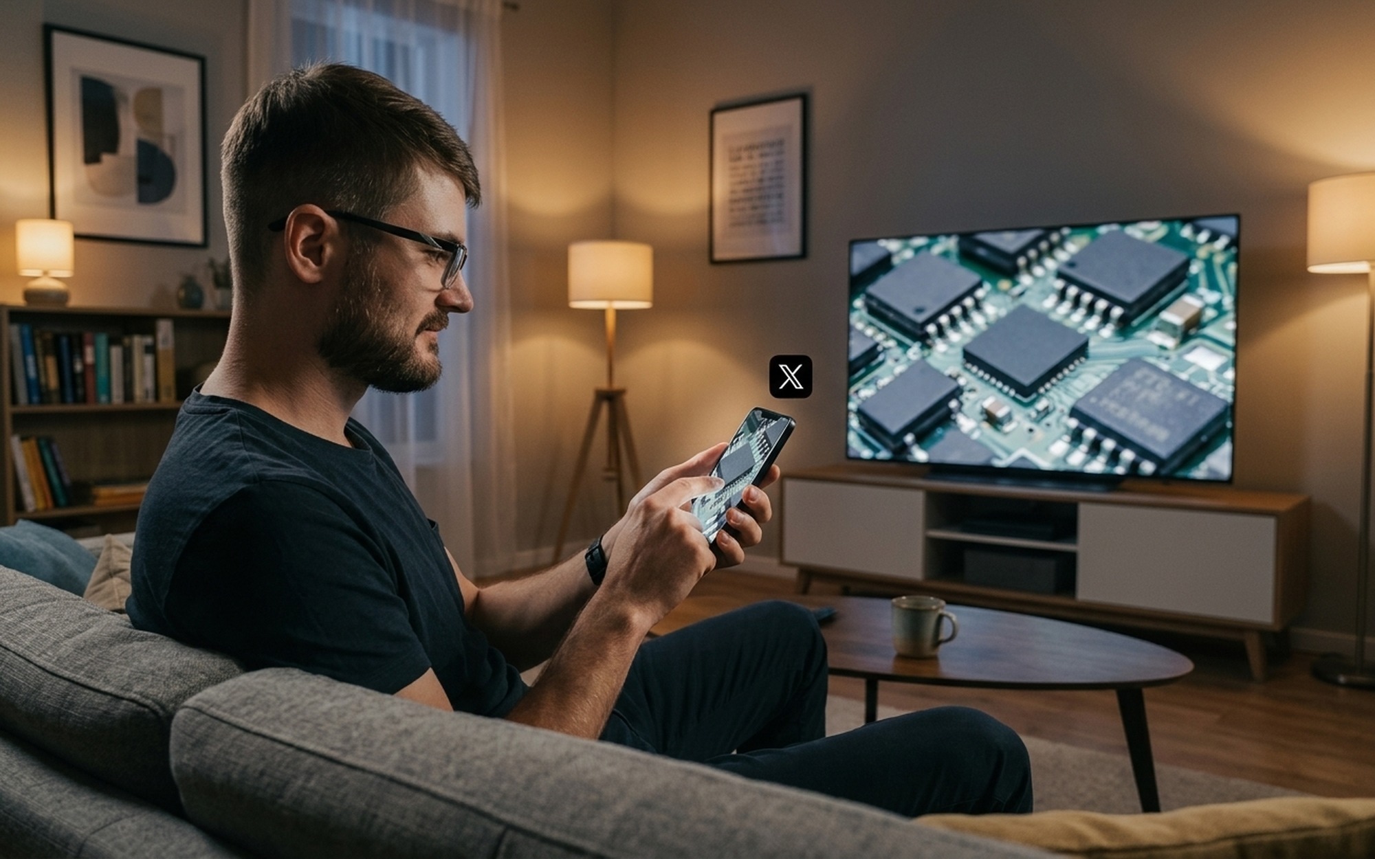 Person tapping Screen Mirroring in iPhone Control Center with a Samsung smart TV visible in background