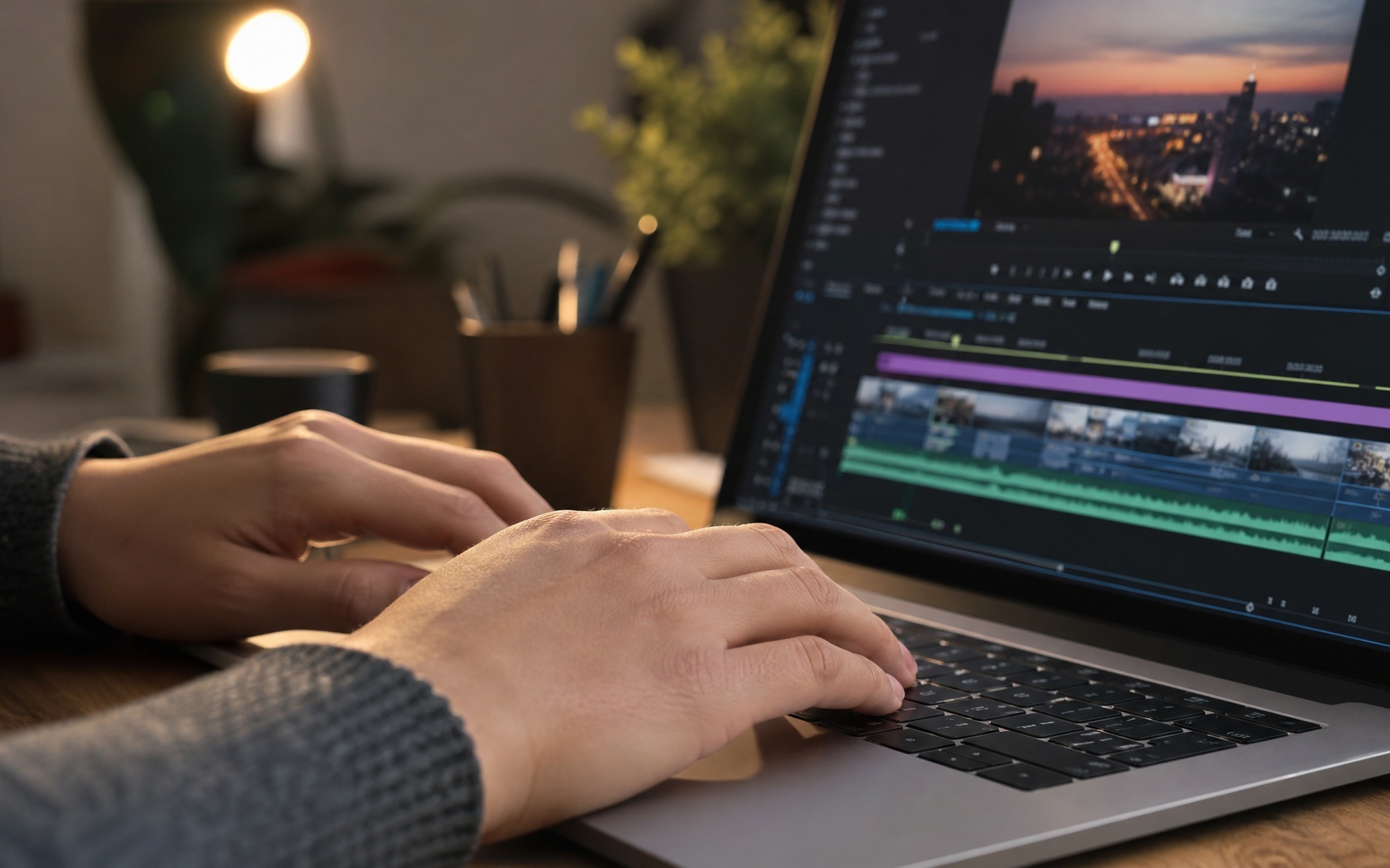 how to edit videos on PC and Mac tutorial -- close-up of hands on laptop keyboard with video editing software timeline on screen, soft desk lighting