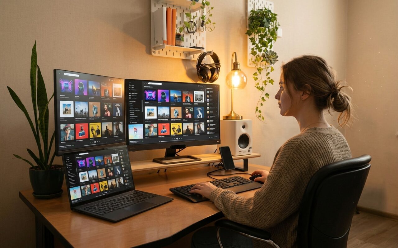 Home office setup with two computers side by side both showing the same iTunes music library shared over a home Wi-Fi network