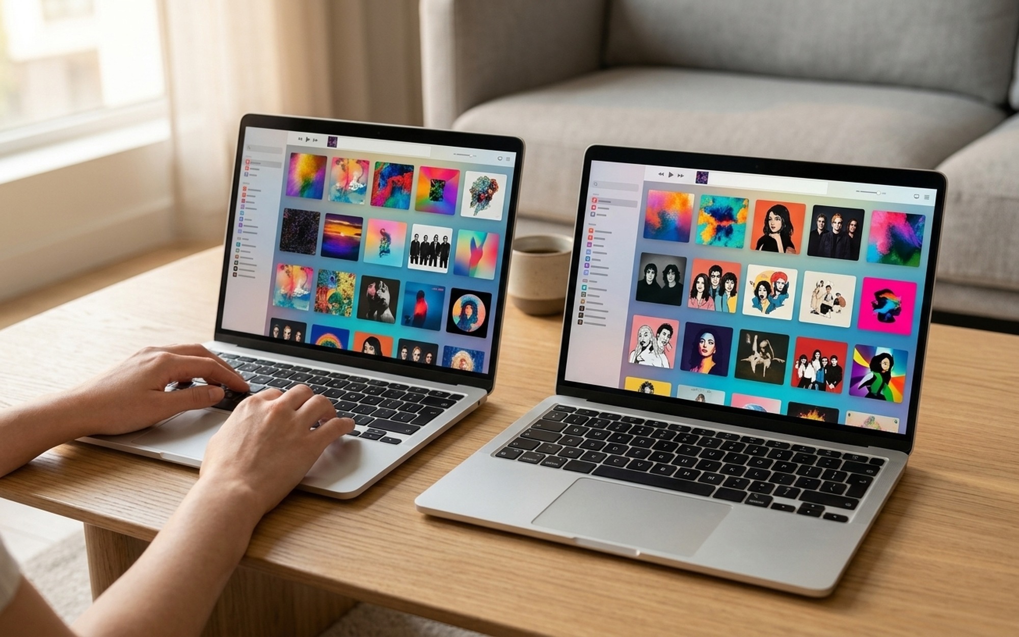 Cozy living room with a desktop and a laptop both displaying the same iTunes playlist synced from a shared network library folder
