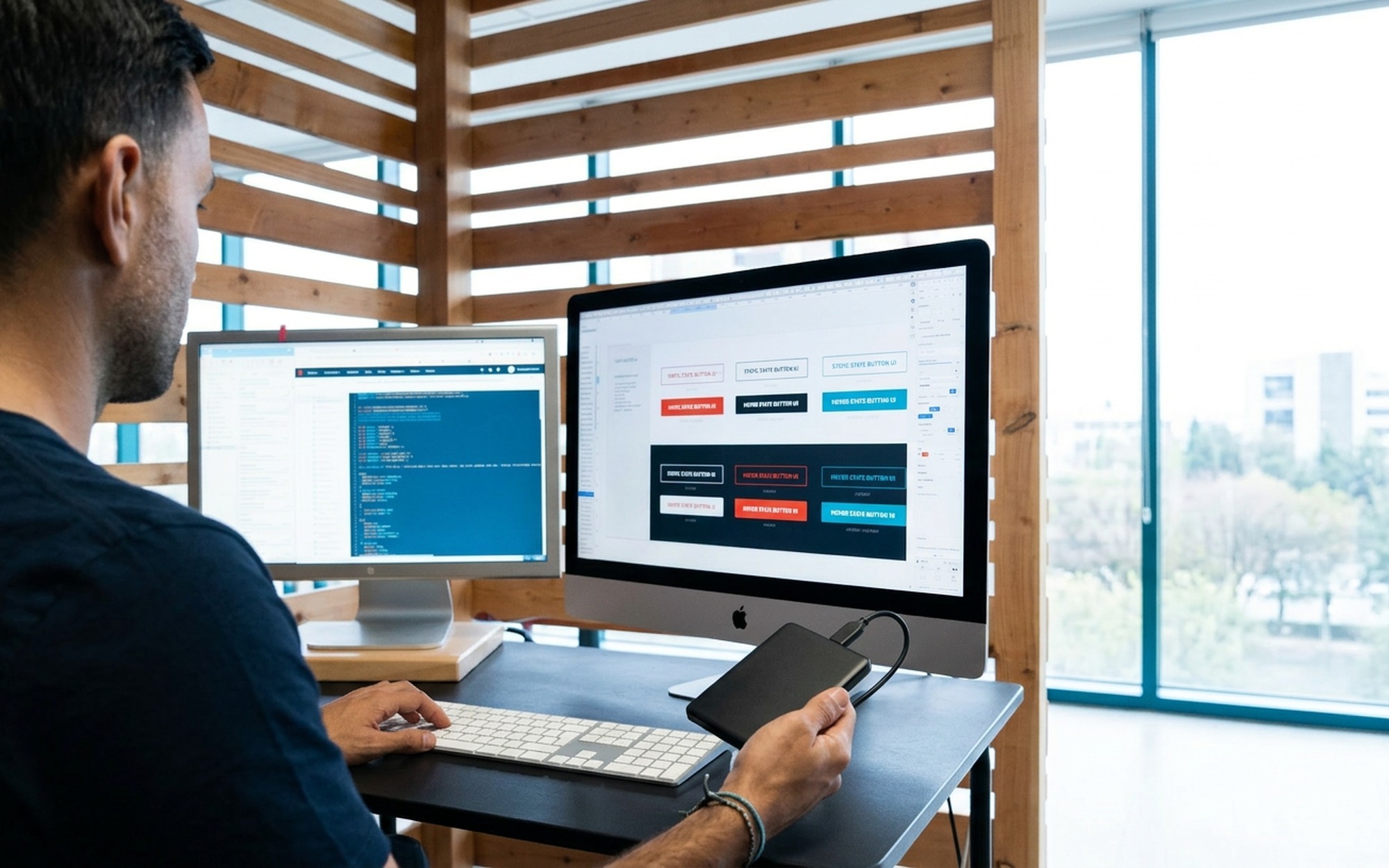Person sitting at modern desk setup with two computers transferring iTunes library via external hard drive with music playlist visible on screen