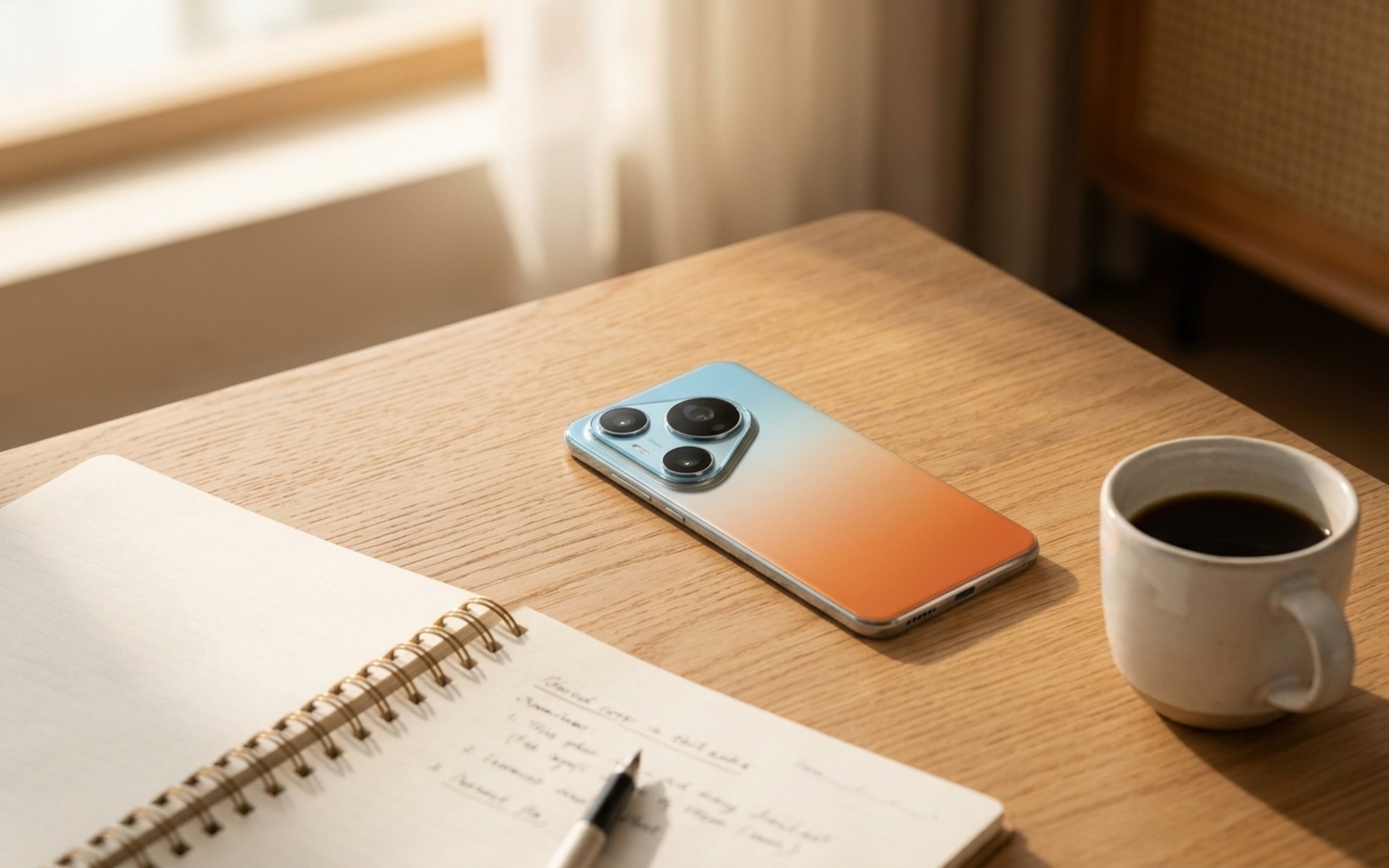 Huawei Pura90 Pro Max lying on wooden desk next to open notebook with soft warm window light