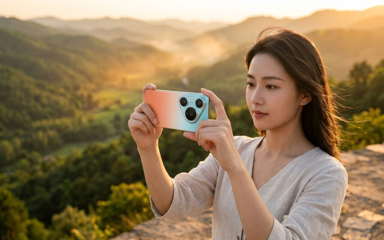 Huawei Pura90 Pro Max held up showing the 200MP telephoto camera module against soft natural light
