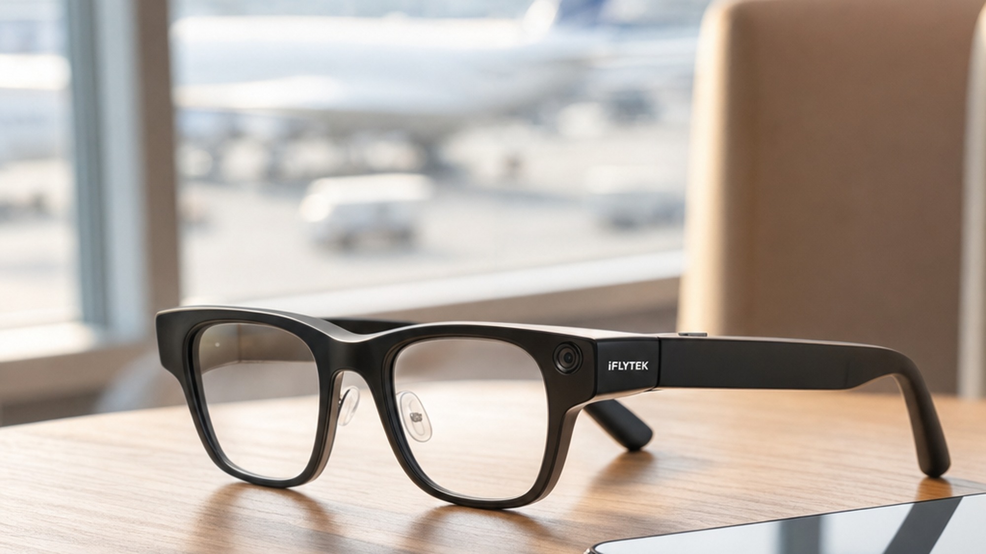 The iFlytek AI glasses resting on an airport lounge table beside a smartphone, ready for real time translation while traveling for business.