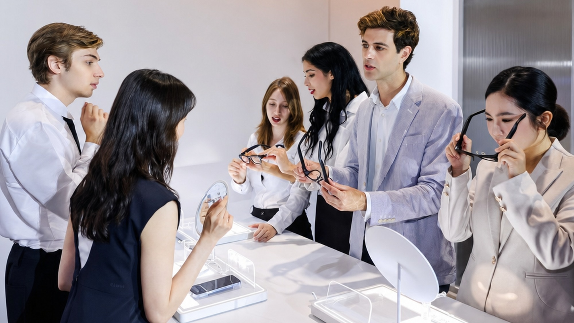 International professionals at a technology conference booth trying the iFlytek AI glasses and discussing the real time translation features.