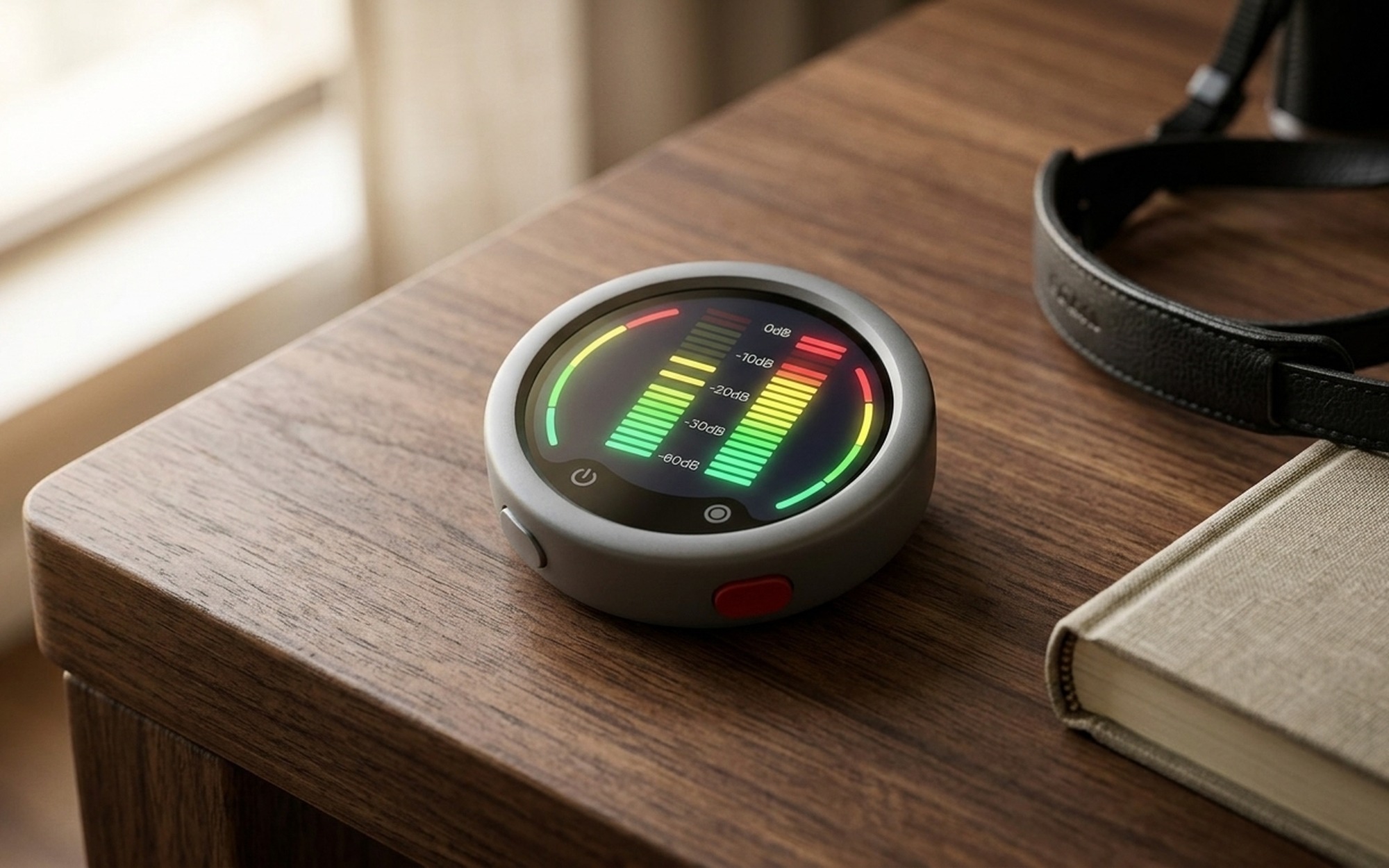 Insta360 Mic Pro circular transmitter showing six-color customizable e-ink display with live audio level meters and recording status indicators