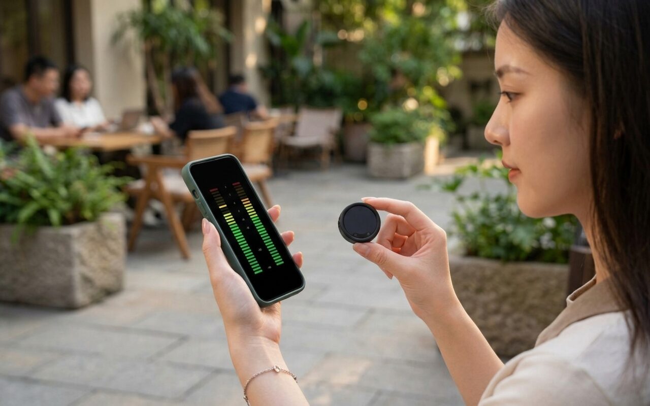 Insta360 Mic Pro wireless lavalier microphone system in use during a professional interview, small round transmitter with color e-ink display clipped to a creator's shirt in a modern studio setting
