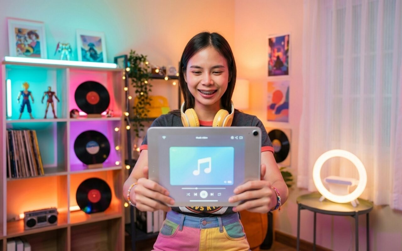 Young woman holding an iPad filming herself for a music video in a colorful bedroom with ring light and headphones