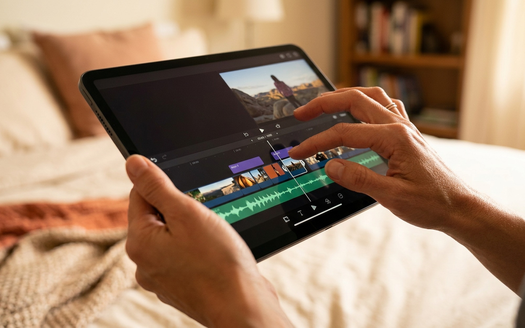 Close-up of hands tapping on an iPad screen showing a video editing timeline with music waveform