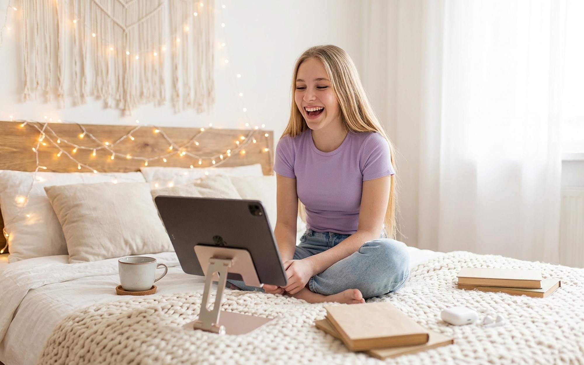 Teenage girl sitting cross-legged on a bed filming a lip sync video on an iPad propped on a stand