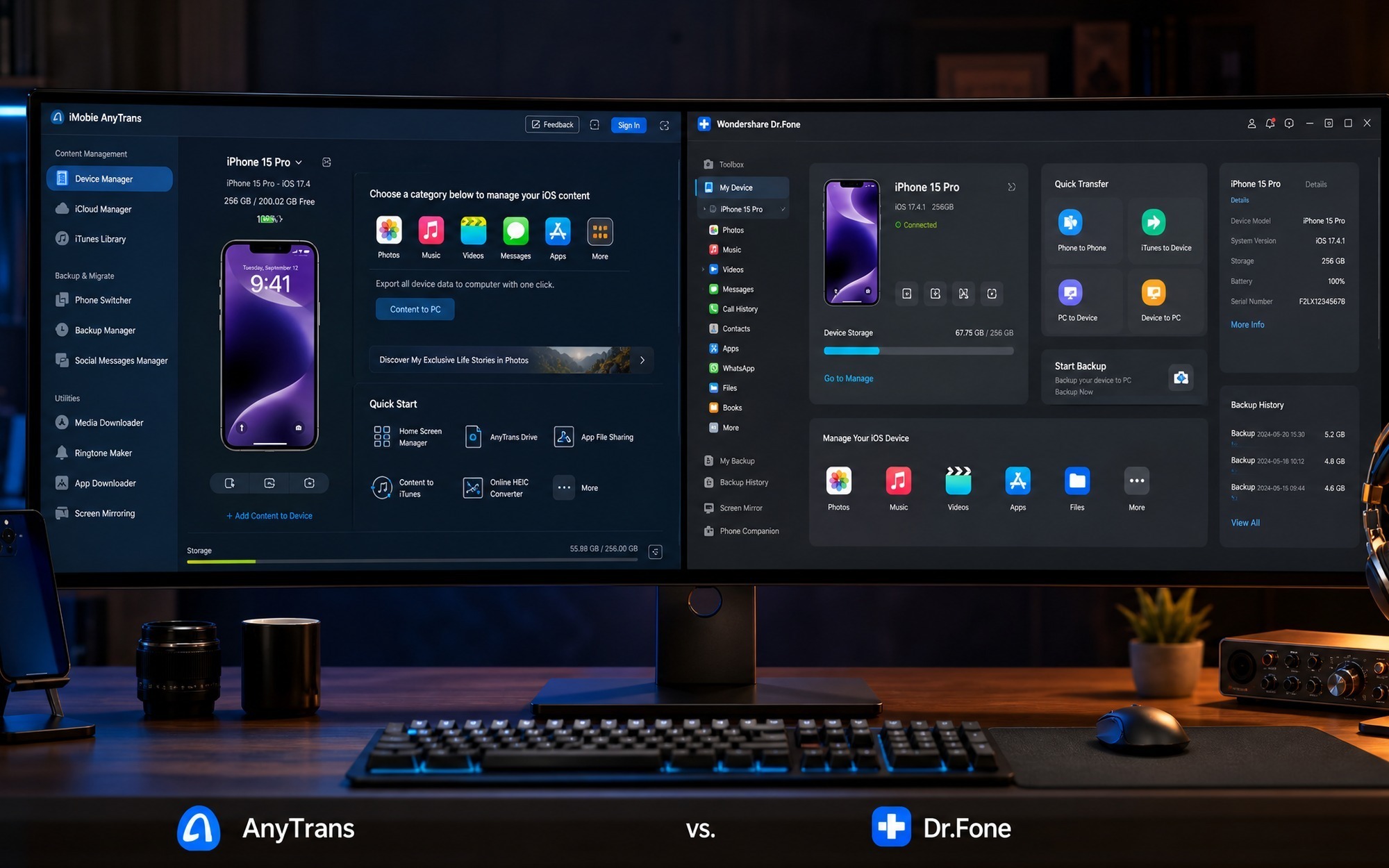 Side-by-side comparison of iMazing and TunesGo iPhone file management software interfaces on widescreen monitor