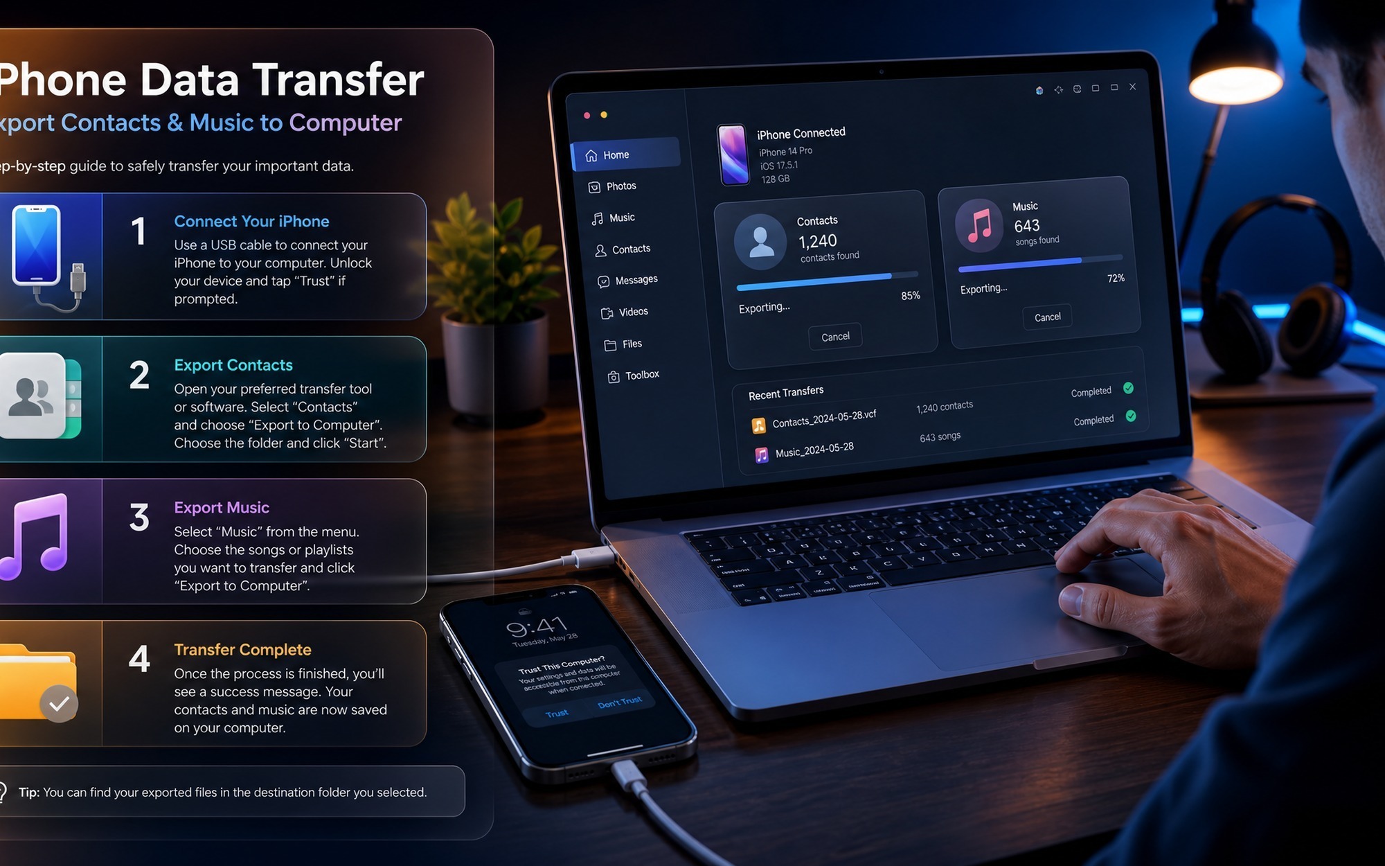 Step-by-step iPhone contact export tutorial showing TunesGo software with USB connection on desk setup