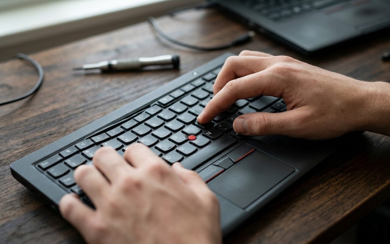 Hands-on close-up of troubleshooting a Lenovo laptop keyboard not working, person cleaning keyboard keys on a wooden desk with soft natural light