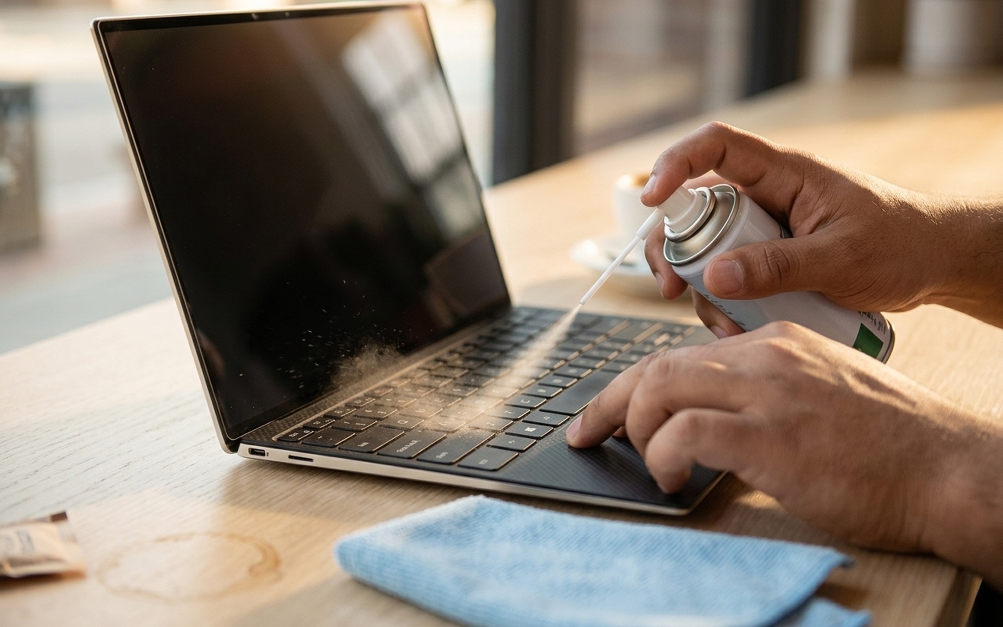 Close-up of hands carefully cleaning Lenovo ThinkPad keyboard keys with compressed air can on wooden desk