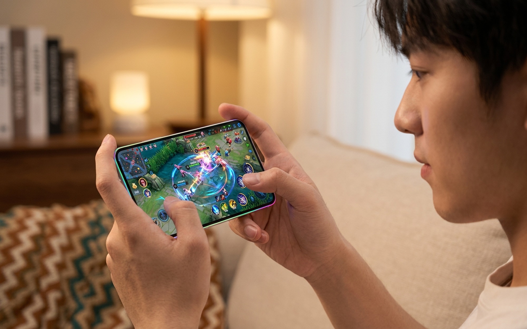 Young gamer holding Lenovo Legion Y70 gaming phone with the 2K 144Hz screen facing them showing a colorful mobile game in a cozy apartment