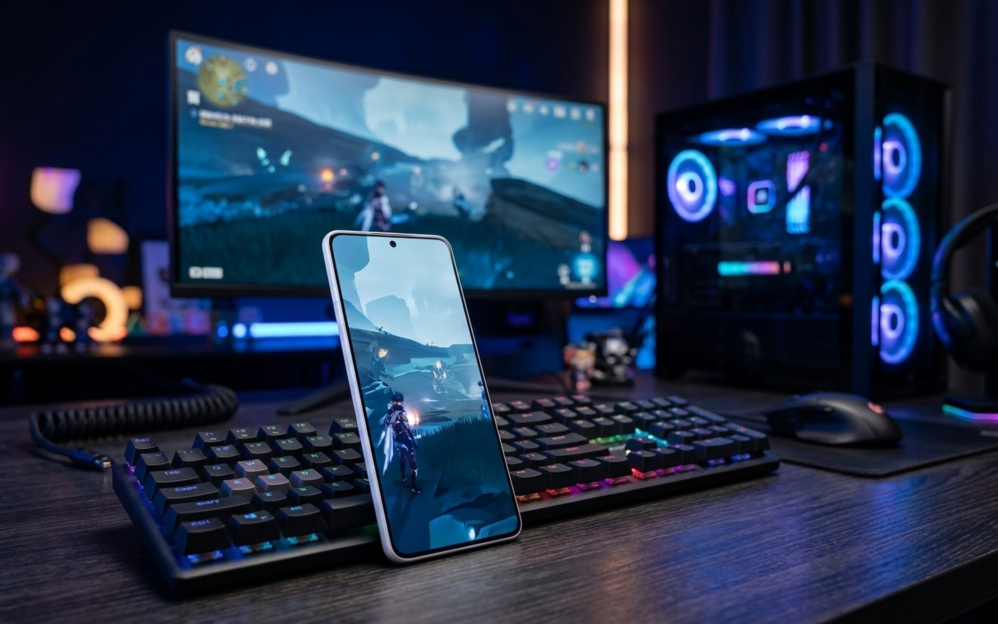 Gaming setup showing a white Lenovo Legion Y70 smartphone streaming a PC game via Legion Zone placed beside a glowing desktop gaming computer