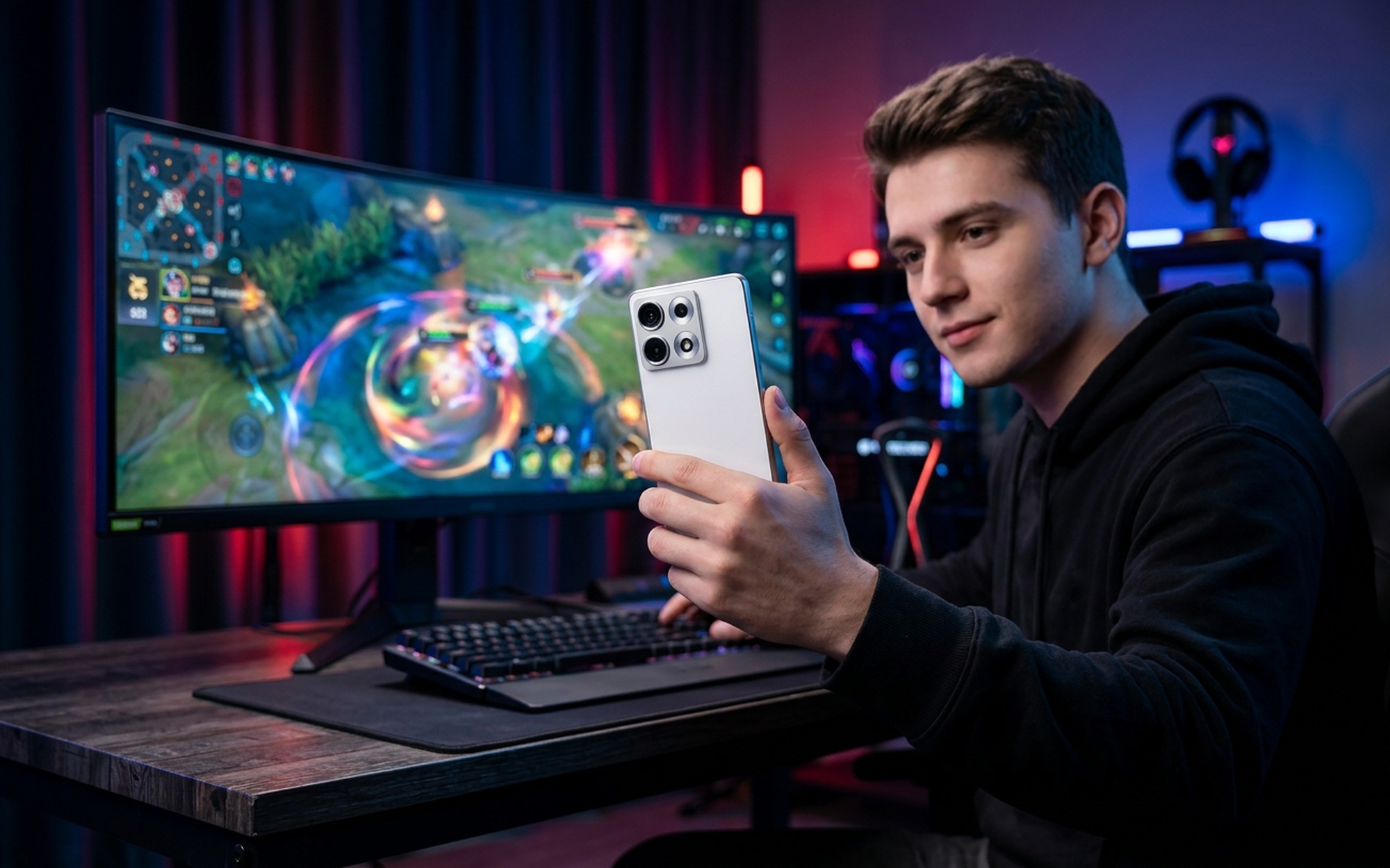 Lenovo Legion Y70 gaming phone held back-panel-first at a gaming desk revealing the quad-camera island on the white rear shell with colorful RGB lighting in the background