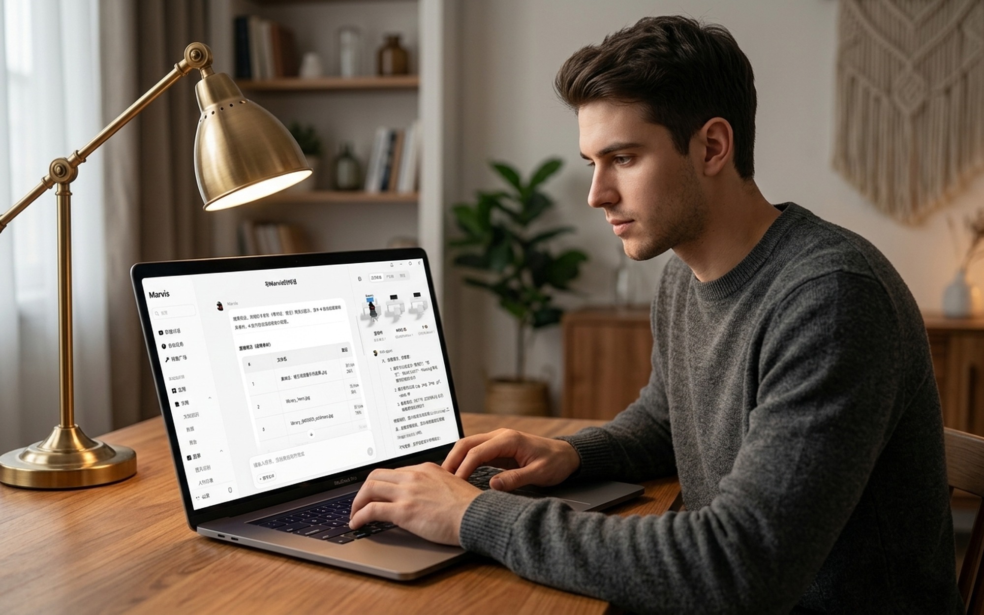 Marvis AI assistant helping a professional find local files using natural language on a laptop in a home office