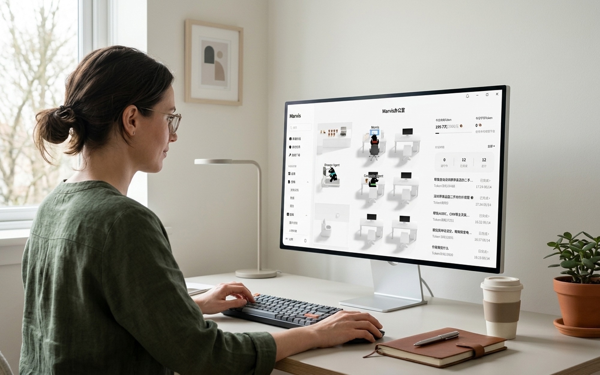 Marvis agentic AI assistant office interface showing six specialized agents at workstations on a Windows PC display