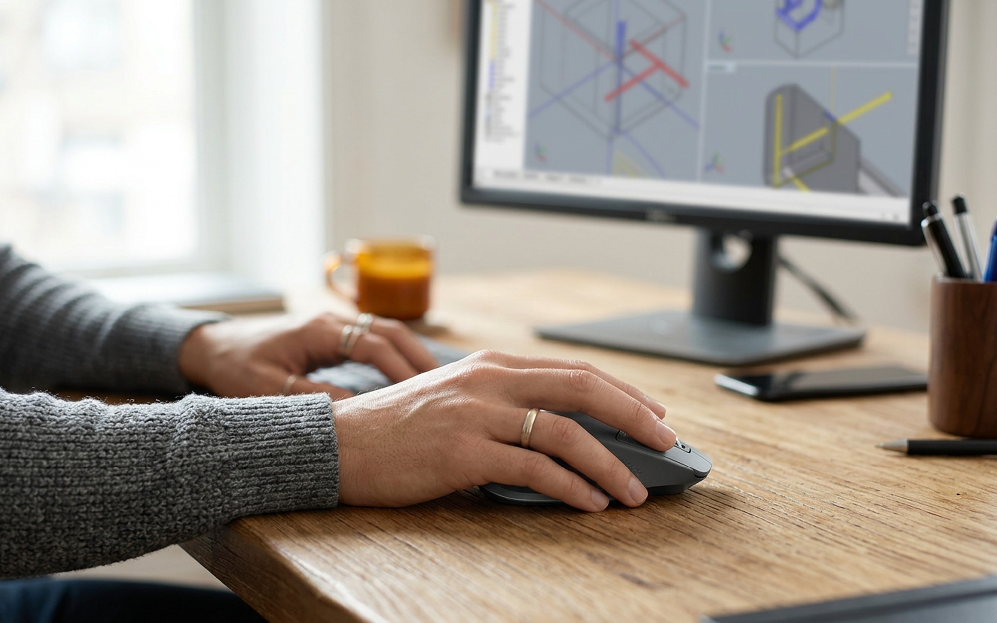 Close-up of hands using a mouse to navigate Meshmixer 3D interface repairing an STL mesh on a wooden desk
