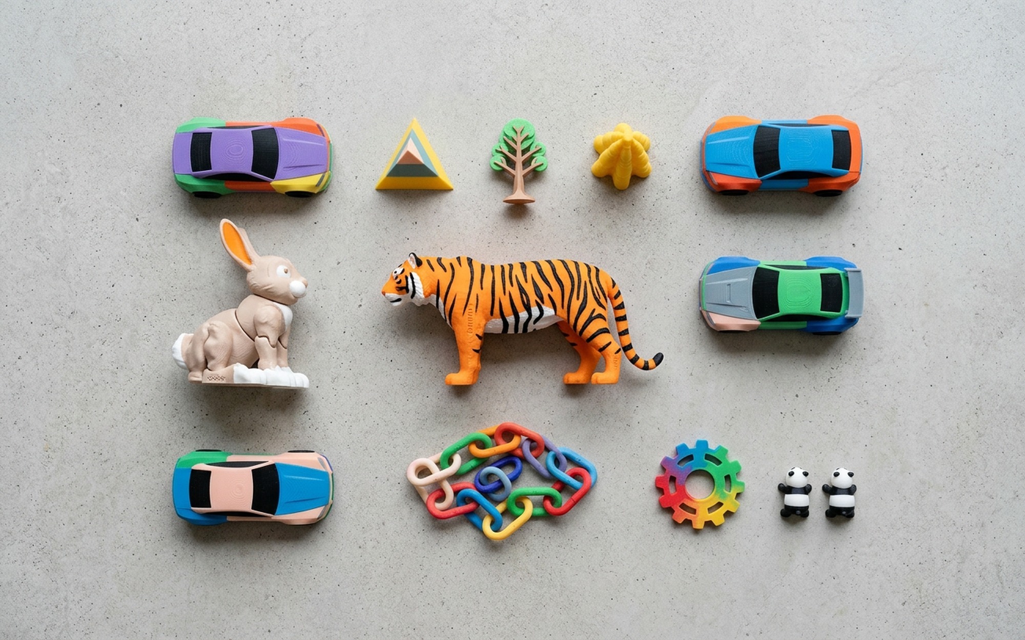 Flat lay of 3D printed objects in various colors arranged on a white surface showing results of Meshmixer-prepared models