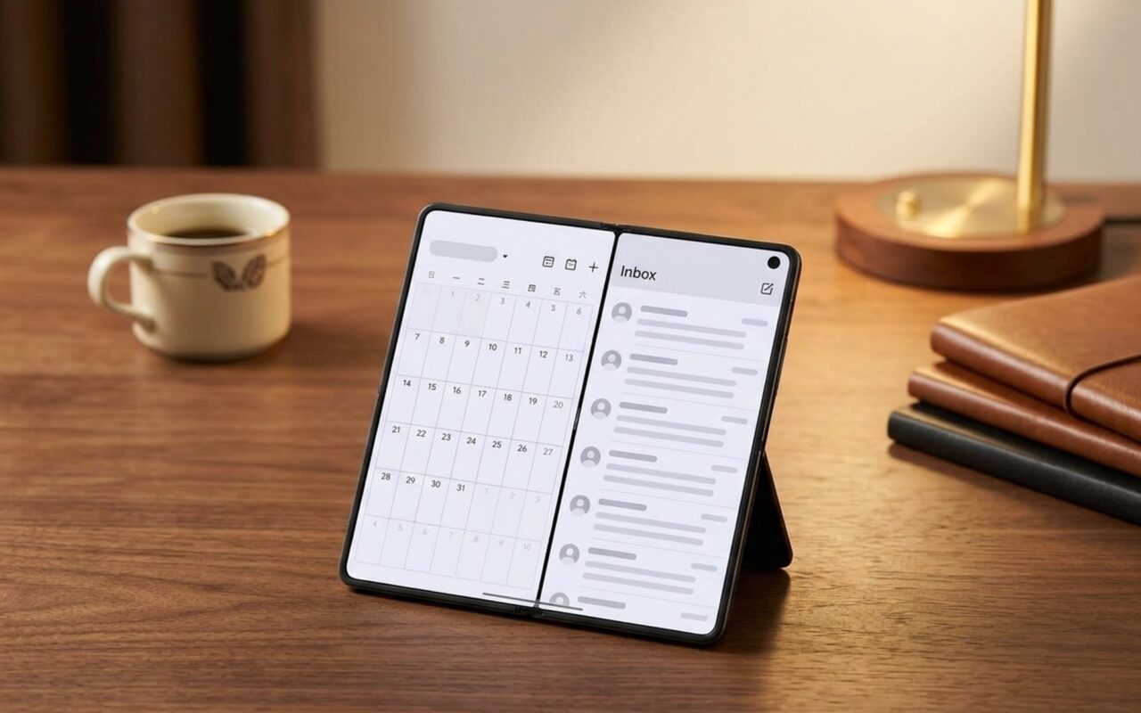 Motorola Razr Fold open on a wooden desk displaying the 8.1-inch business productivity screen with calendar and notes apps in split-screen mode
