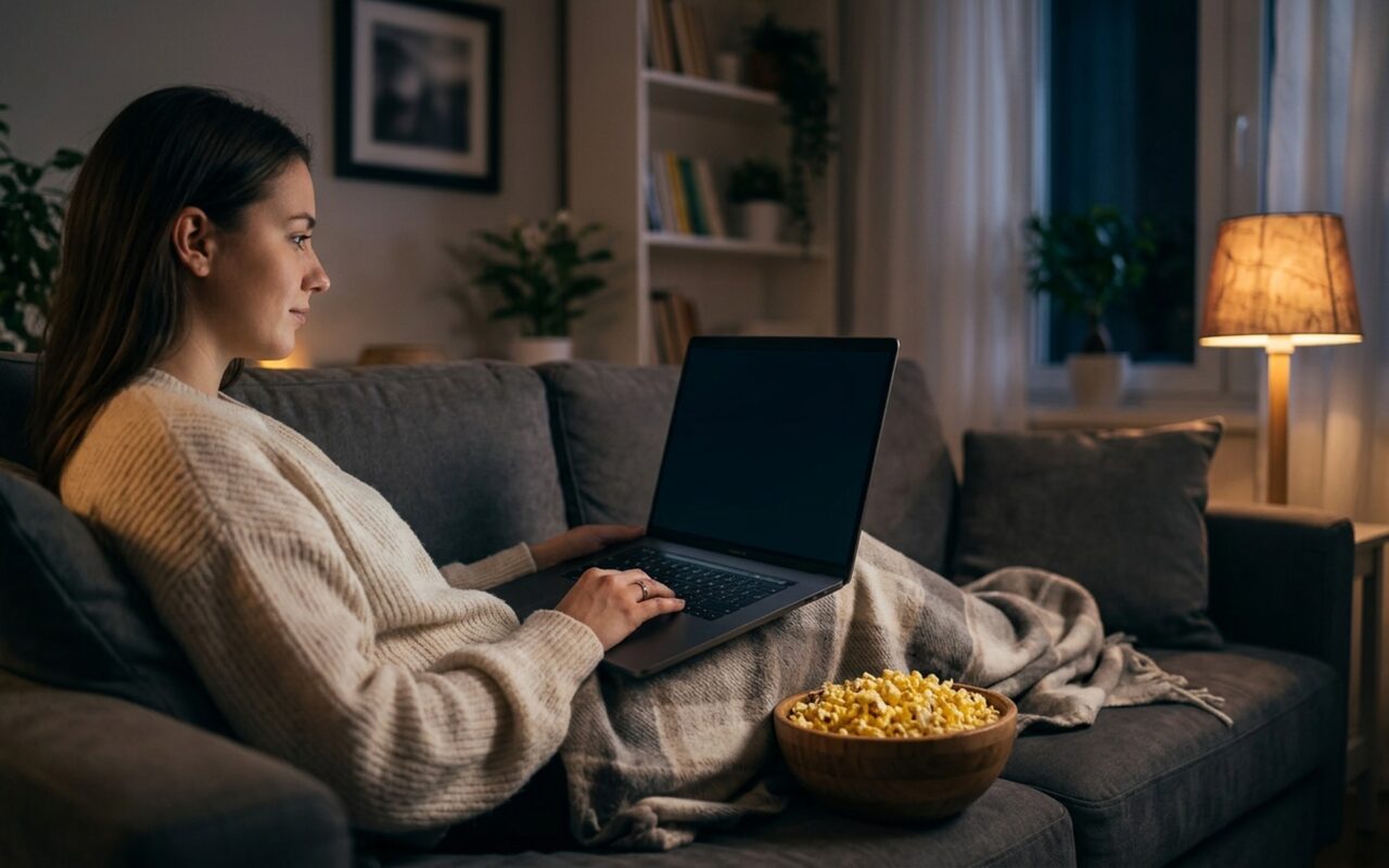 Person sitting on a couch watching Netflix on a laptop in a dim living room with popcorn on the table