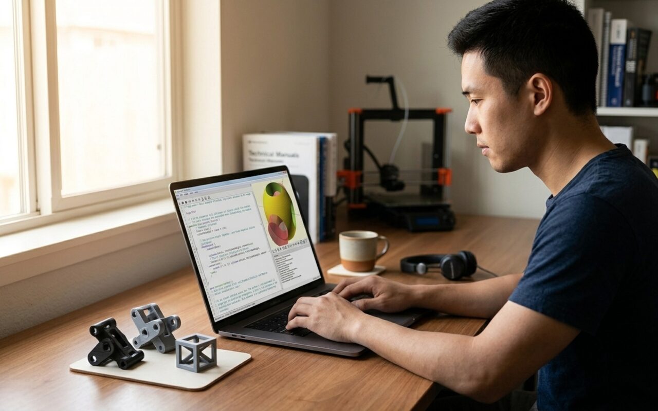 Person at a desk writing OpenSCAD code on a laptop with 3D printed mechanical parts and a 3D printer visible in the background