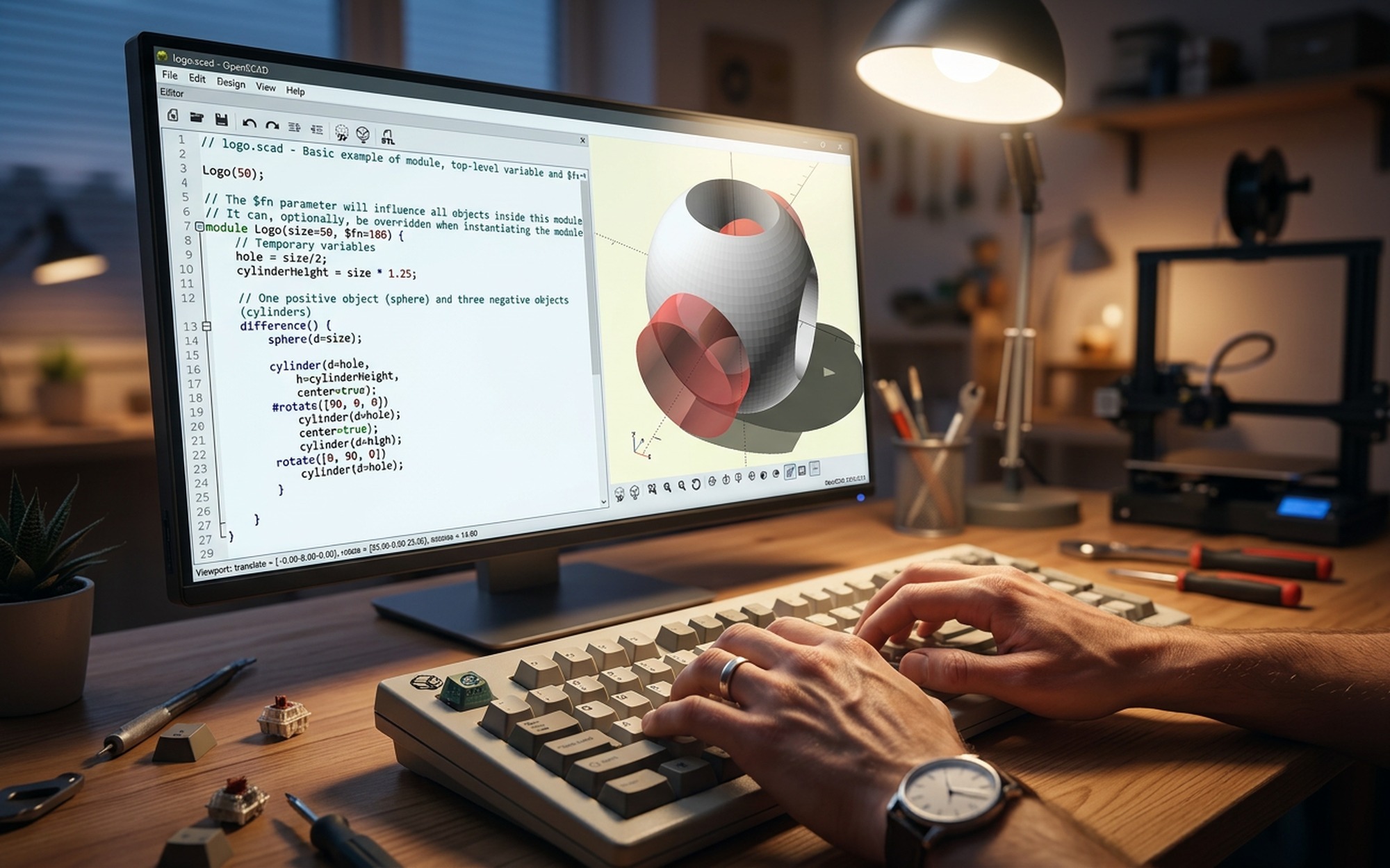 Close-up of hands typing OpenSCAD script code while a 3D model preview renders on the right side of the screen