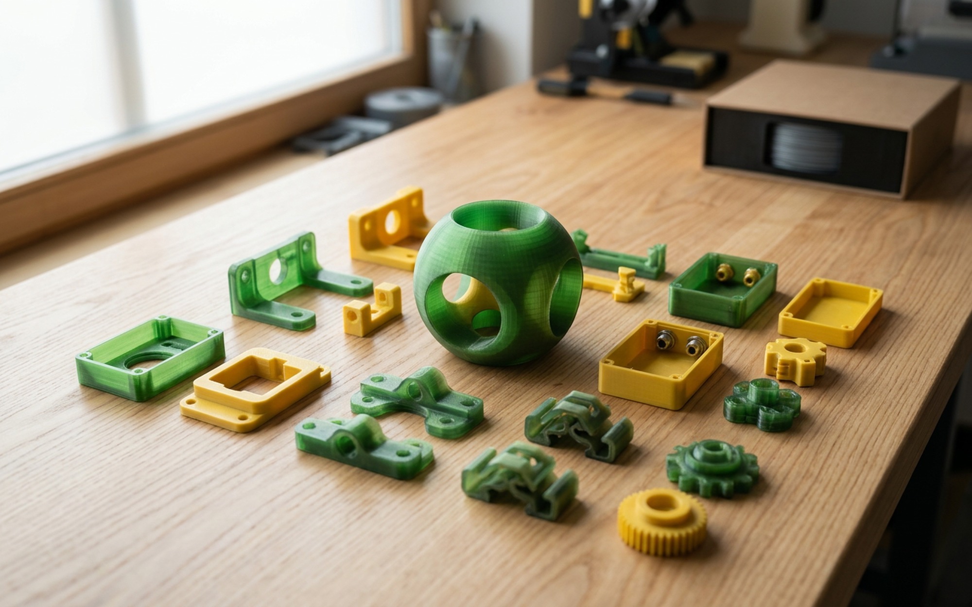 Collection of precise 3D printed mechanical brackets, enclosures, and mounts designed with parametric CAD software on a wooden desk