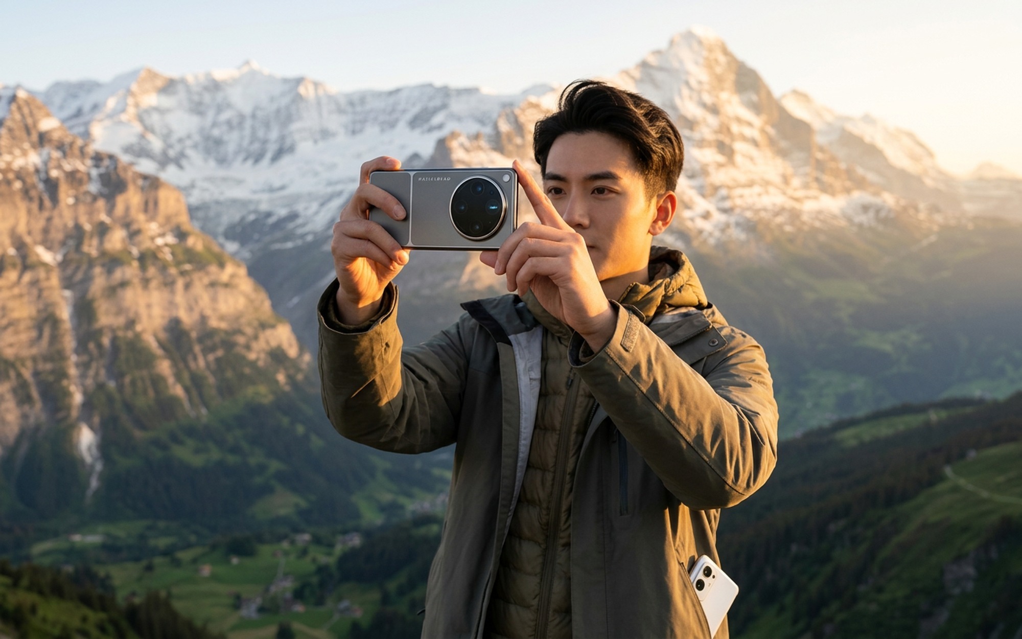 Photographer holding OPPO Find X9 Ultra outdoors capturing a landscape with the Hasselblad quad-camera system prominently visible