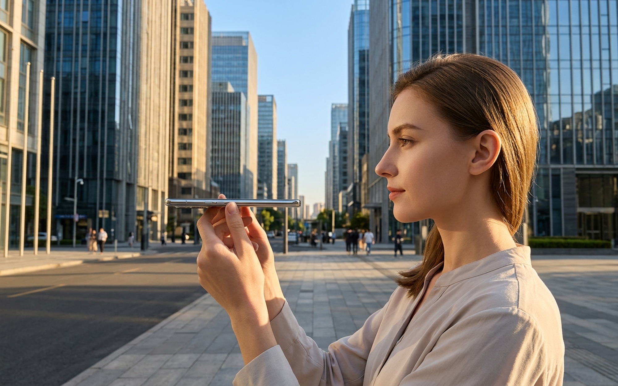 Person filming an outdoor urban scene with OPPO Find X9 Ultra in O-Log2 video mode showing real-time LUT color grading preview on screen