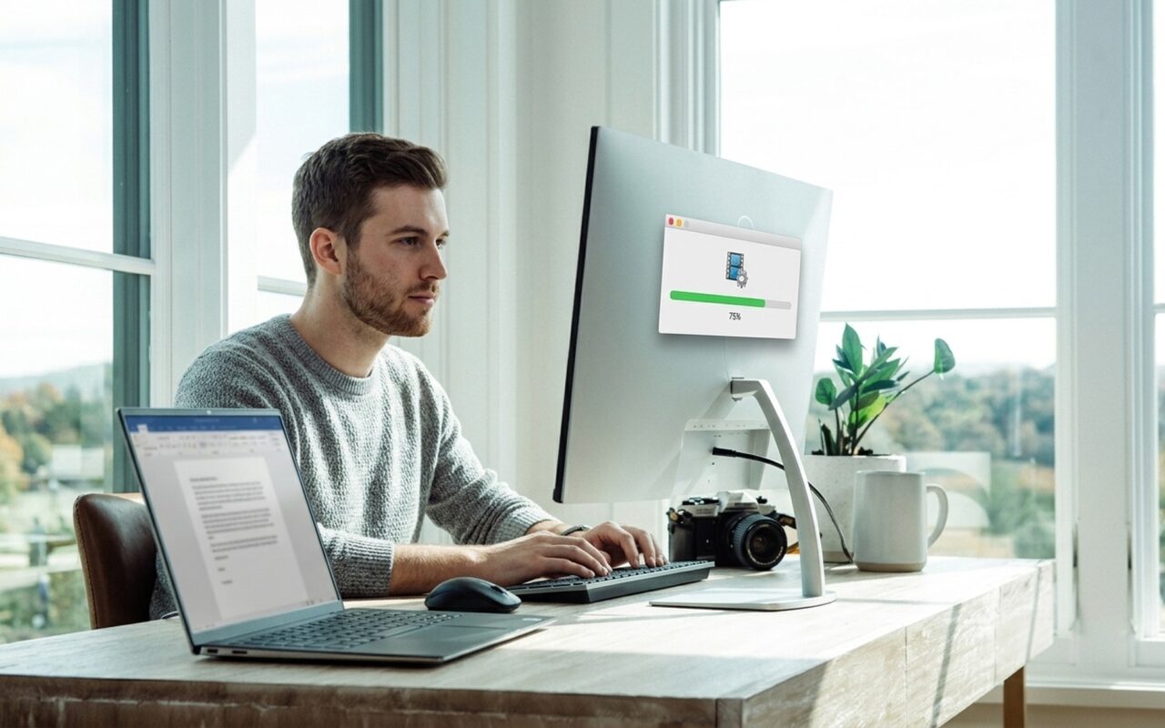 Person at a home cinema desk using a laptop to rip a Blu-ray disc, disc tray open on desktop drive, warm ambient lighting